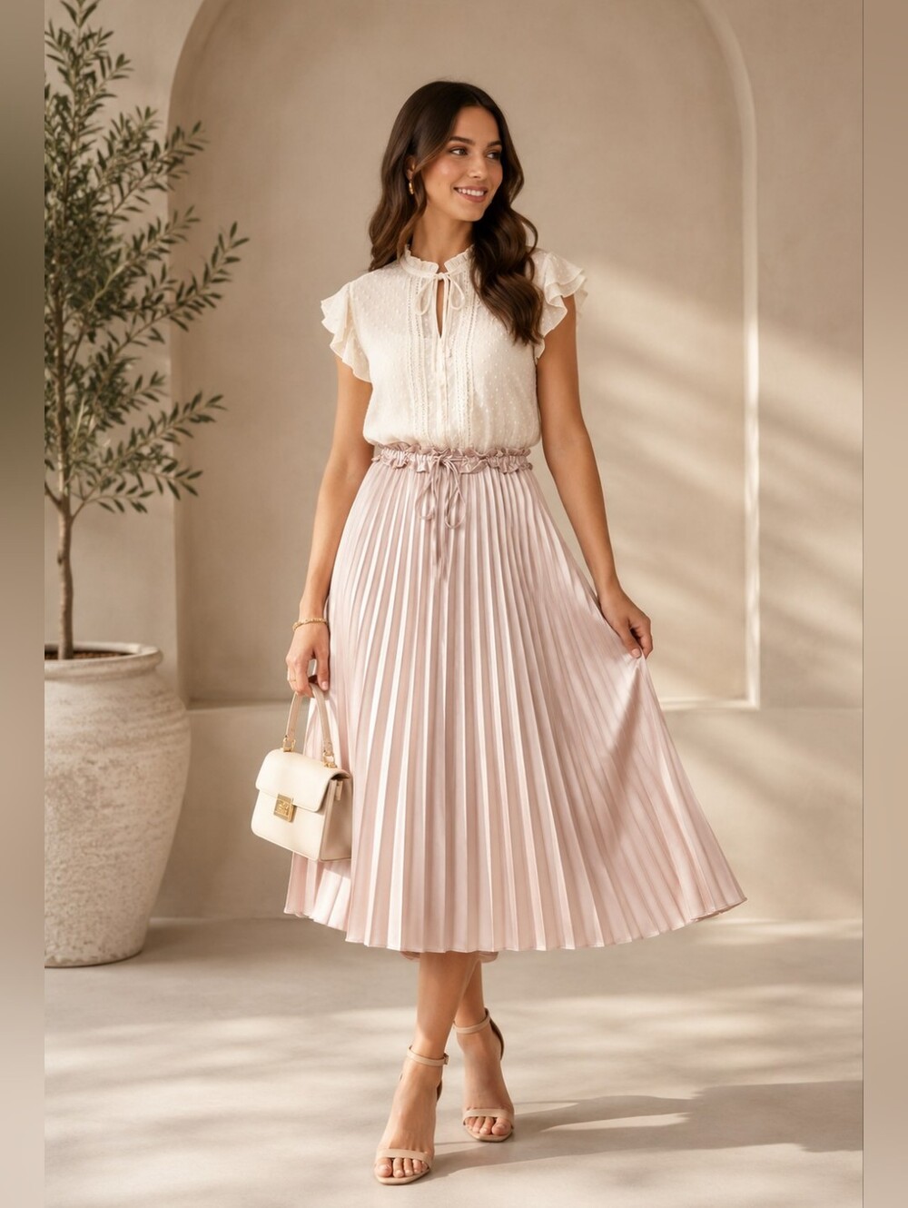 NWT - Satin Pleated Drawstring Waist Midi Length Skirt - Champagne - Size XL